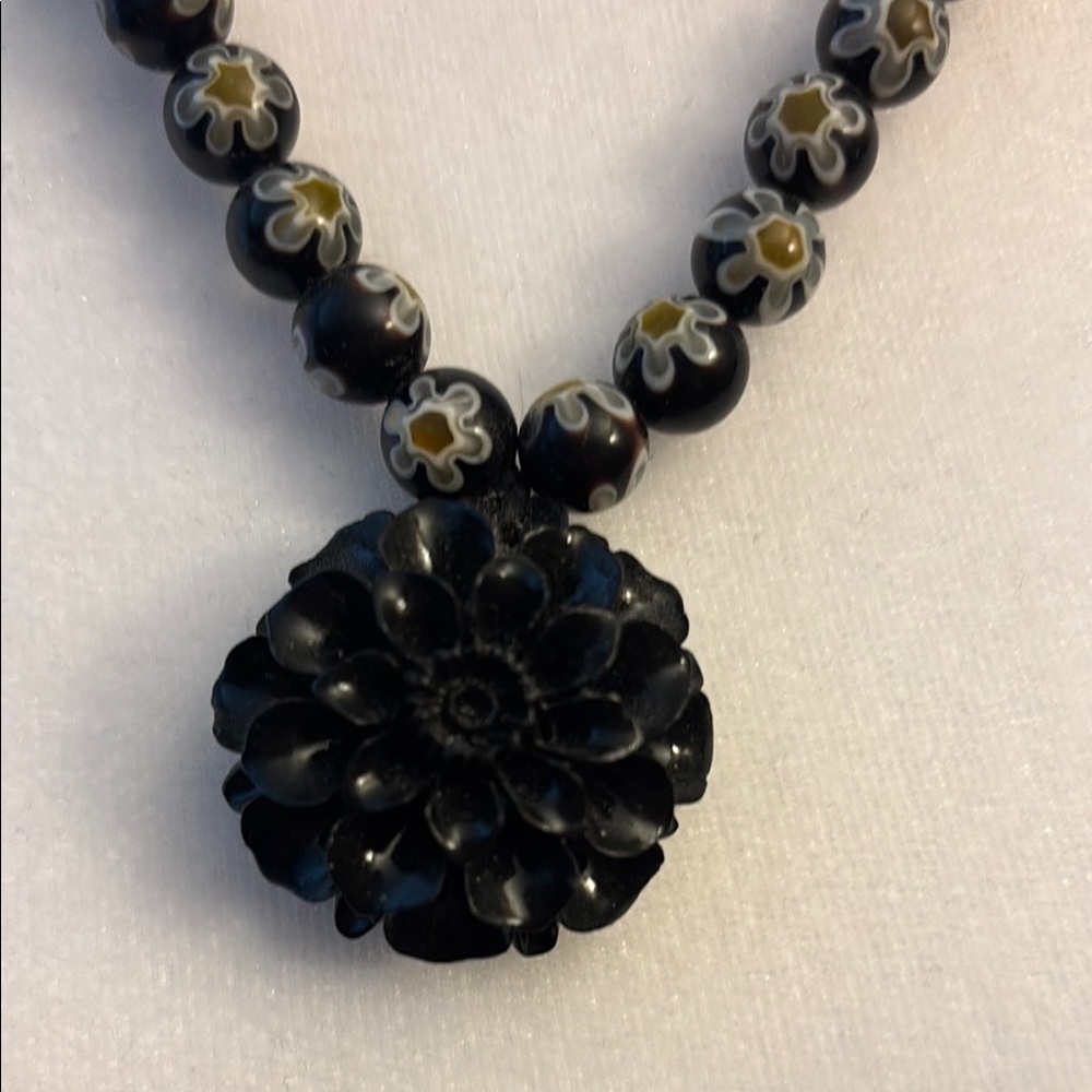 Statement Black Floral Necklace Handmade Beaded Pendant